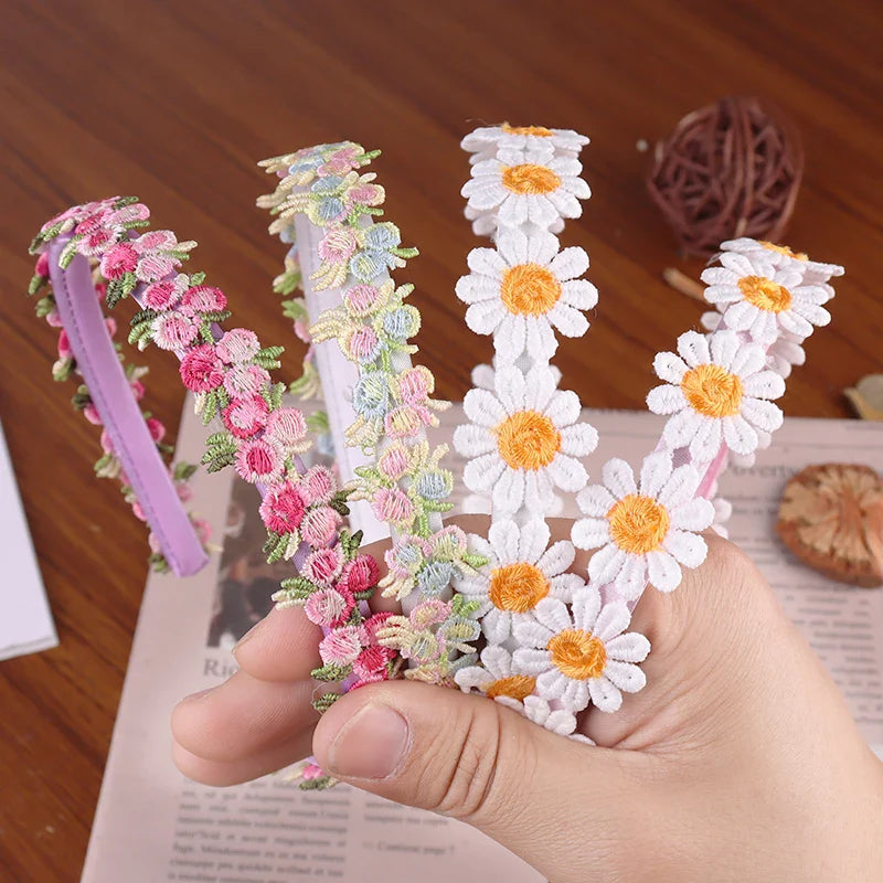 sengpan Boho Chic Daisy Girls Headbands Women Solid Embroidery Flower Hair Bands Kids Candy Chrysanthemum Headwear Hair Accessories