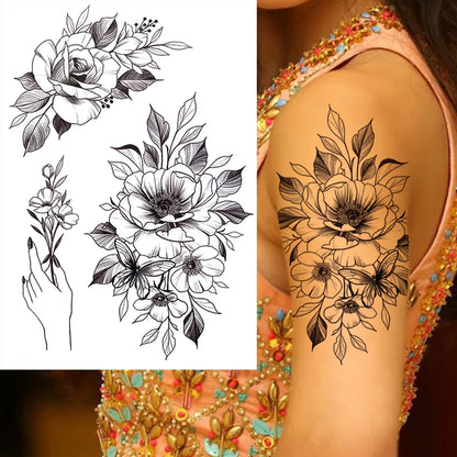 sengpan Sexy Flower Temporary Tattoos For Women Body Art Painting Arm Legs Tattoos Sticker Realistic Fake Black Rose Waterproof Tattoos