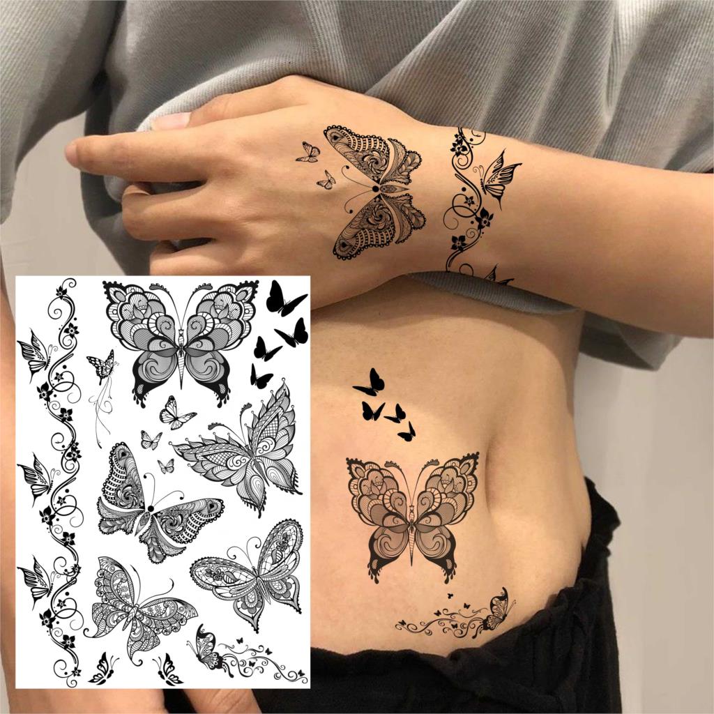 sengpan western jewelry for women Black Henna Lace Temporary Tattoos Sticker For WOmen Butterfly Moth Mehndi Flower Fake Tatoo Sticker Feather Flora Tatoo