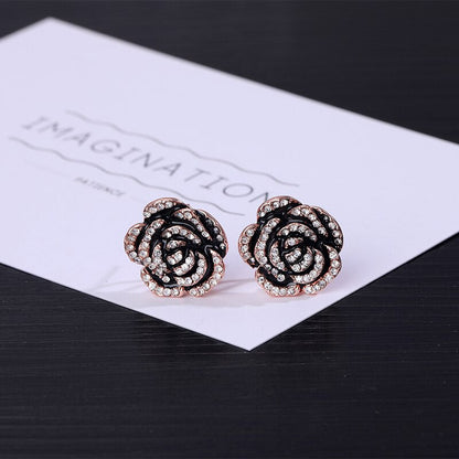 sengpan Delicate Camellia Petite Earrings Black Flower Rose Full Rhinestone Luxury Earring Accessories For Women