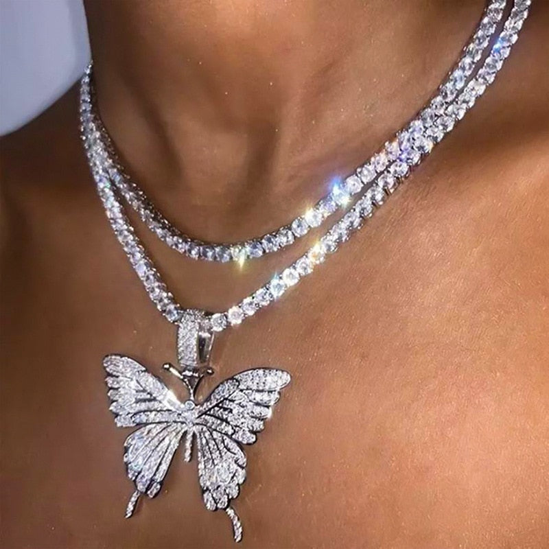 sengpan Christmas gifts ideas Shiny Big Butterfly Pendant Necklace Rhinestone Chain For Women Bling Tennis Chain Crystal Choker Necklaces Temperament Jewelry