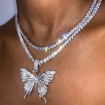 sengpan Christmas gifts ideas Shiny Big Butterfly Pendant Necklace Rhinestone Chain For Women Bling Tennis Chain Crystal Choker Necklaces Temperament Jewelry