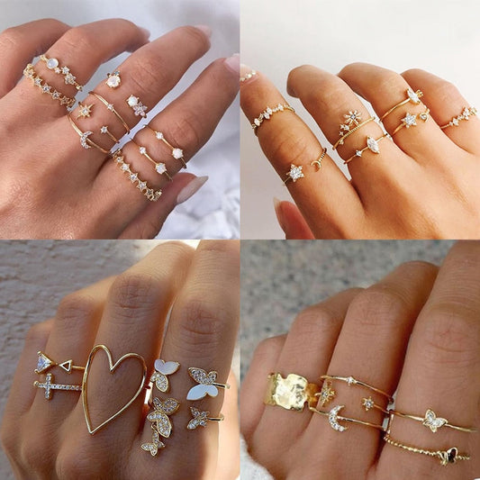 sengpan Bohemian Geometric Rings Sets Crystal Star Moon Flower Butterfly Constellation Knuckle Finger Ring Set For Women Fashion Jewelry