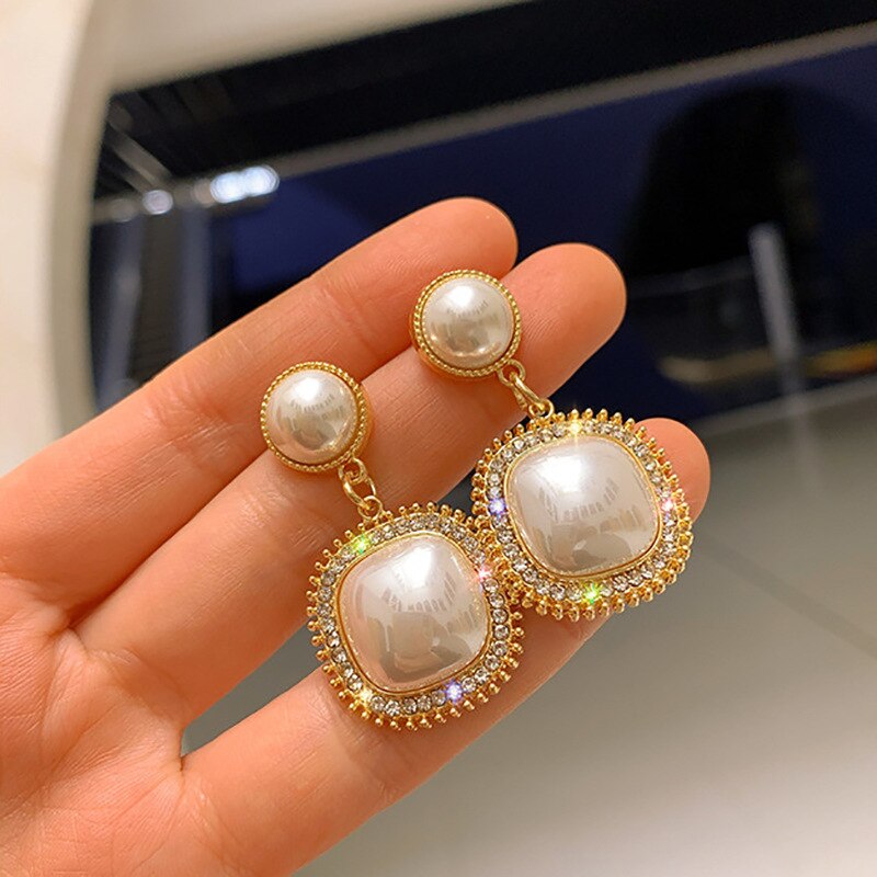 sengpan Christmas wishlist New Trendy Korean Oversized Gray Pearl Drop Earrings for Women Classic Golden Round Crystal Wedding Earrings Jewelry Gift Party