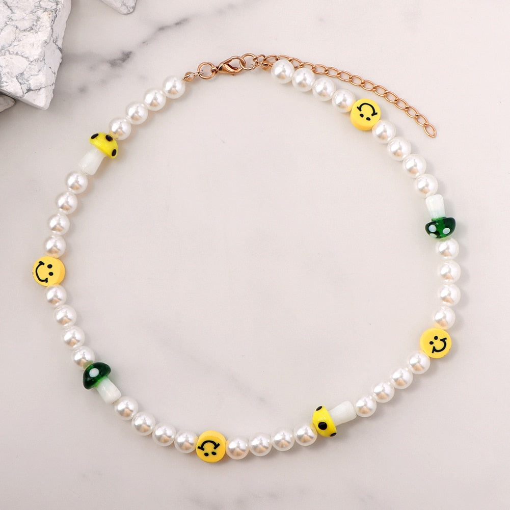 sengpan christmas gift ideas valentines day gifts for her Boho Smile Face Pearl Beaded Necklace For Women Colorful Heart Bead Handmade Necklaces Imitation Pearls Choker Sweet Jewelry New