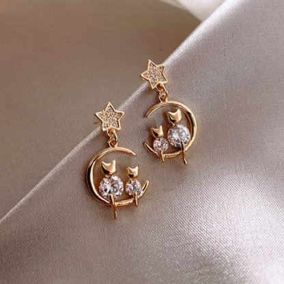 sengpan gifts for her New Trendy Star Moon Dangle Earrings Women Temperament Fashion Geometry Metal Pearl Zircon Pendant Earrings Party Jewelry