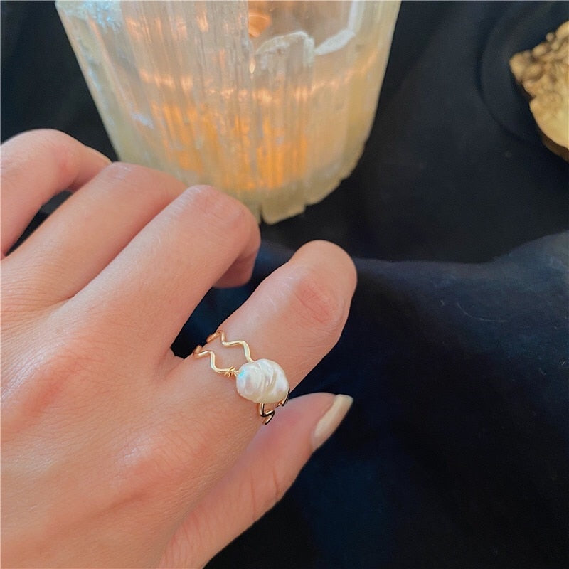 sengpan New Trendy Chic Geometric Braided Natural Baroque Pearl Metal Adjustable Opening Rings for Women Retro Ring Jewelry