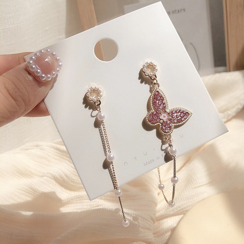 sengpan Christmas wishlist Korean New Trendy Long Tassel Drop Earrings Pearl Crystal Butterfly Hanging Women Earrings Summer Jewelry Wedding Party Gift