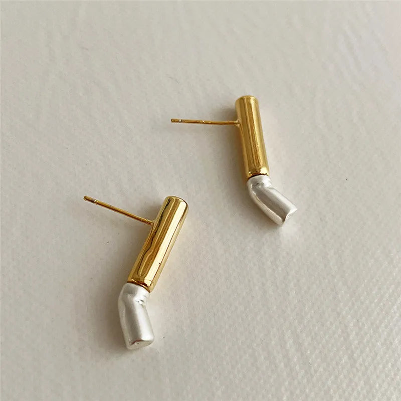 sengpan - French Simple Contrast Color Metal Cylindrical Earring Smooth Irregular Geometric Stitching Drop Earrings for Women Jewelry