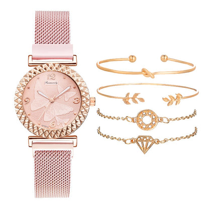 sengpan christmas wishlist valentines day gifts hot sale new Fashion 5pcs Set Bracelet Watch For Women Magnetic Buckle Butterfly Pattern Elegant Pink Ladies Wrist Watch Set Relogio Feminino