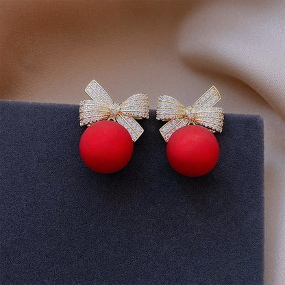 sengpan Christmas gifts ideas Fashion Christmas Stud Earrings for Women Girl Red Pearl Crystal Bowknot Earrings Jewelry Drop Shipping Gift