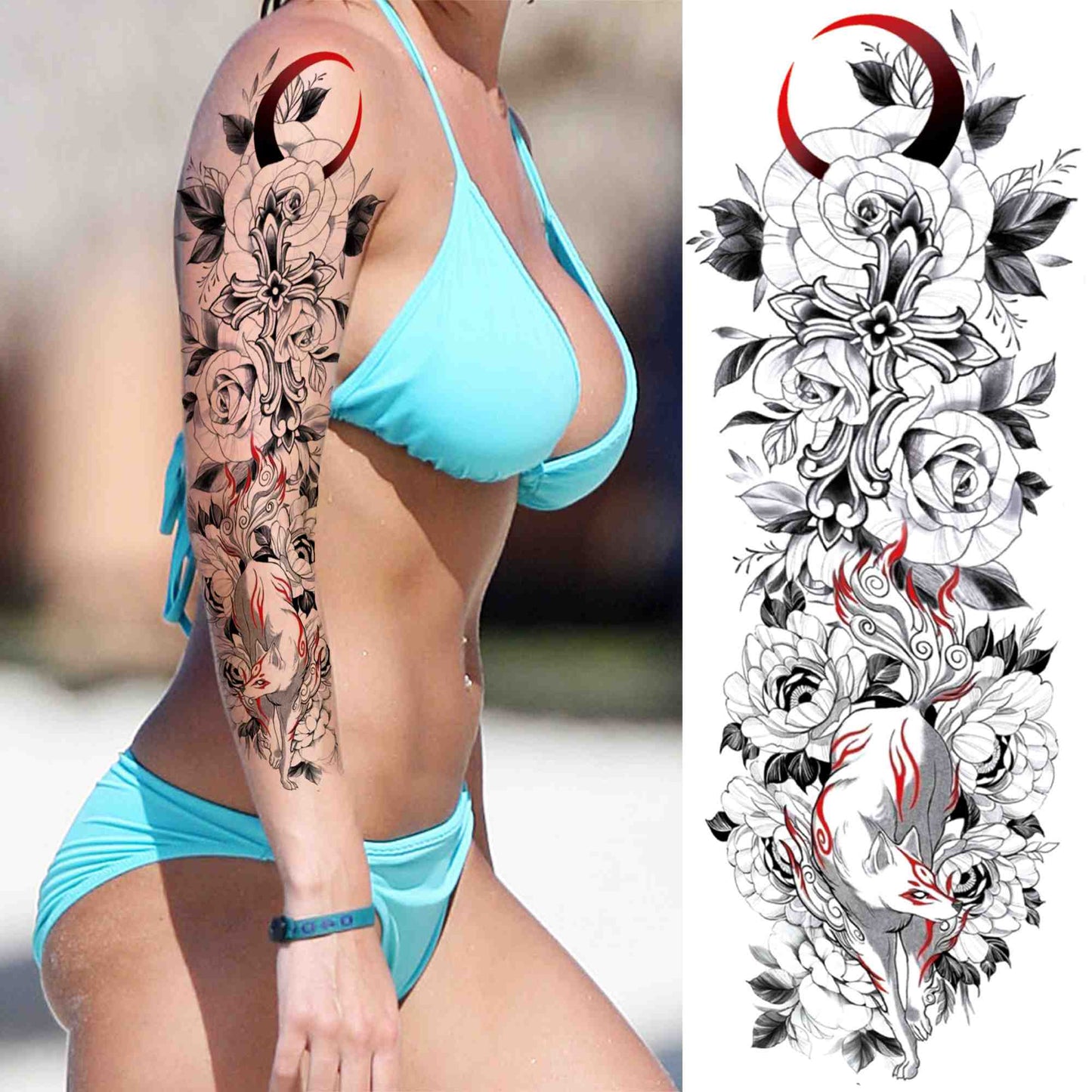 sengpan western jewelry for women Sexy Wolf Full Flower Arm Temporary Tattoo Stickers For Men Body Art Sleeve Tattoo Decals Girl Women Waterproof Tatoo Fox Legs