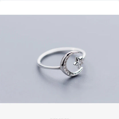 sengpan  Silver Minimalist Zircon Moon Star Opening Ring For Charming Women Party Fine Jewelry Cute  Gift