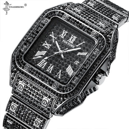 sengpan Disaster Prevention Jewelry Hip Hop Iced Out Men Watch Square Diamond Quartz Luxury Mens Wrist Watches Gold Roman Calendar Steel Clock Relogio Masculino New