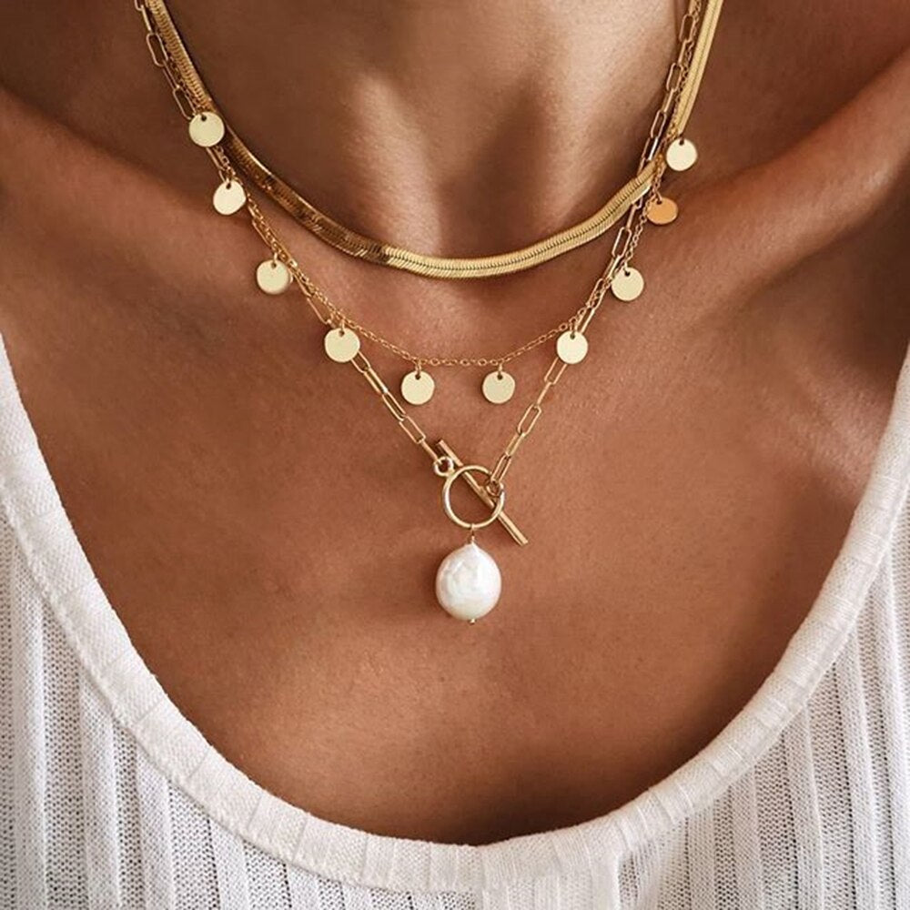 sengpan hot sale new Fashion Multi-layered Snake Chain Necklace For Women Vintage Gold Coin Pearl Choker Sweater Necklace Party Jewelry Gift