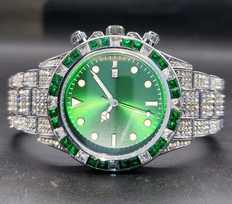 sengpan watches on sale Disaster Prevention Jewelry Watch For Men Classic AAA Iced Diamond Watches With Green Baguette Bezel Luminous Waterproof Clock Luxury Gifts For Men FREE SHIPPING