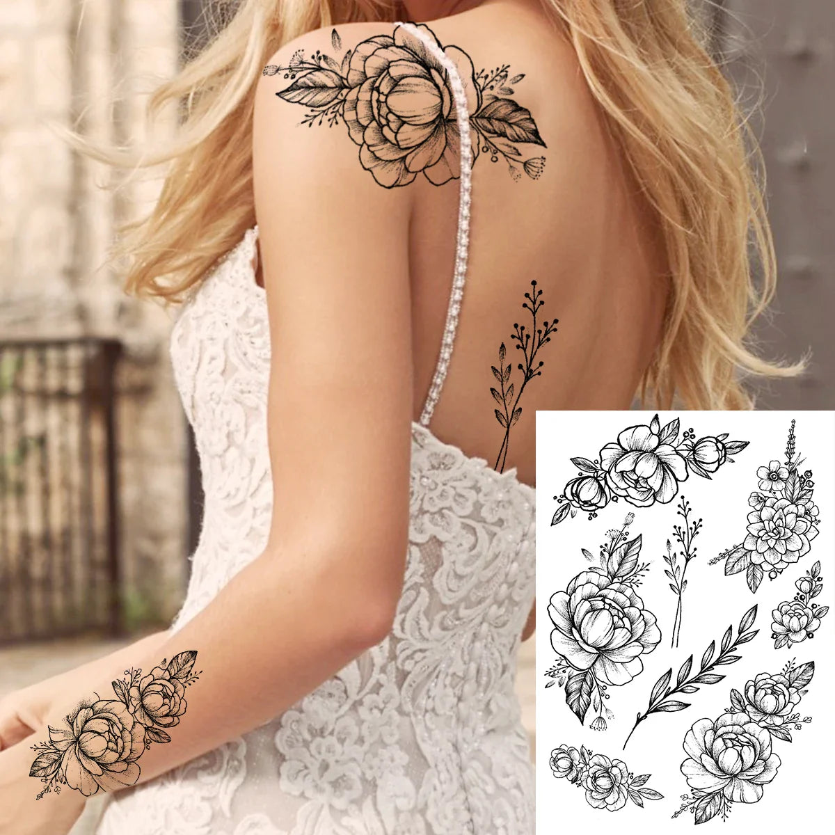 sengpan Sexy Flower Temporary Tattoos For Women Body Art Painting Arm Legs Tattoos Sticker Realistic Fake Black Rose Waterproof Tattoos