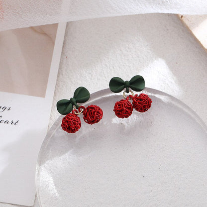 sengpan Fashion Crystal Bow Knot Stud Earrings For Women Pearl Cherry Flowers Rhinestone Red Earring Girls Party Christmas Jewelry Gifts