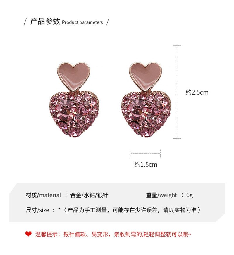 sengpan Female Women Girl Stud Earrings Pink Zircon Rhinestone Heart Sweet Cute Fashion Jewelry Accessories