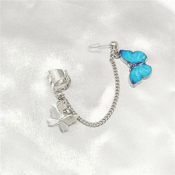 sengpan Christmas gifts ideas Korean Fashion Butterfly Clip Earrings Ear Hook Metal Ear Clips Double Pierced Earring Women Girl Long Tassel Chain Punk Jewelry