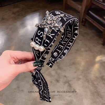 sengpan christmas gift ideas Luxury Black Pearl Rhinestone Star Wide Hair Hoop Headband Headwear Hair Accessories for Women Vintage Crystal Letter Hairband