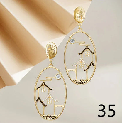 sengpan Chinese Style Pavilion Pearl Drop Earrings Fashion Vintage Dangle Bohemian Earrings for Women Ethnic Party Earrings Jewelry