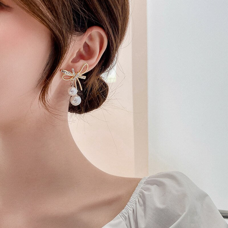 sengpan christmas gift ideas valentines day gifts for her New Arrival Trendy Bowknot Dangle Earrings For Women Korean Style Pearl Simple Earrings Female Elegant Party Jewelry