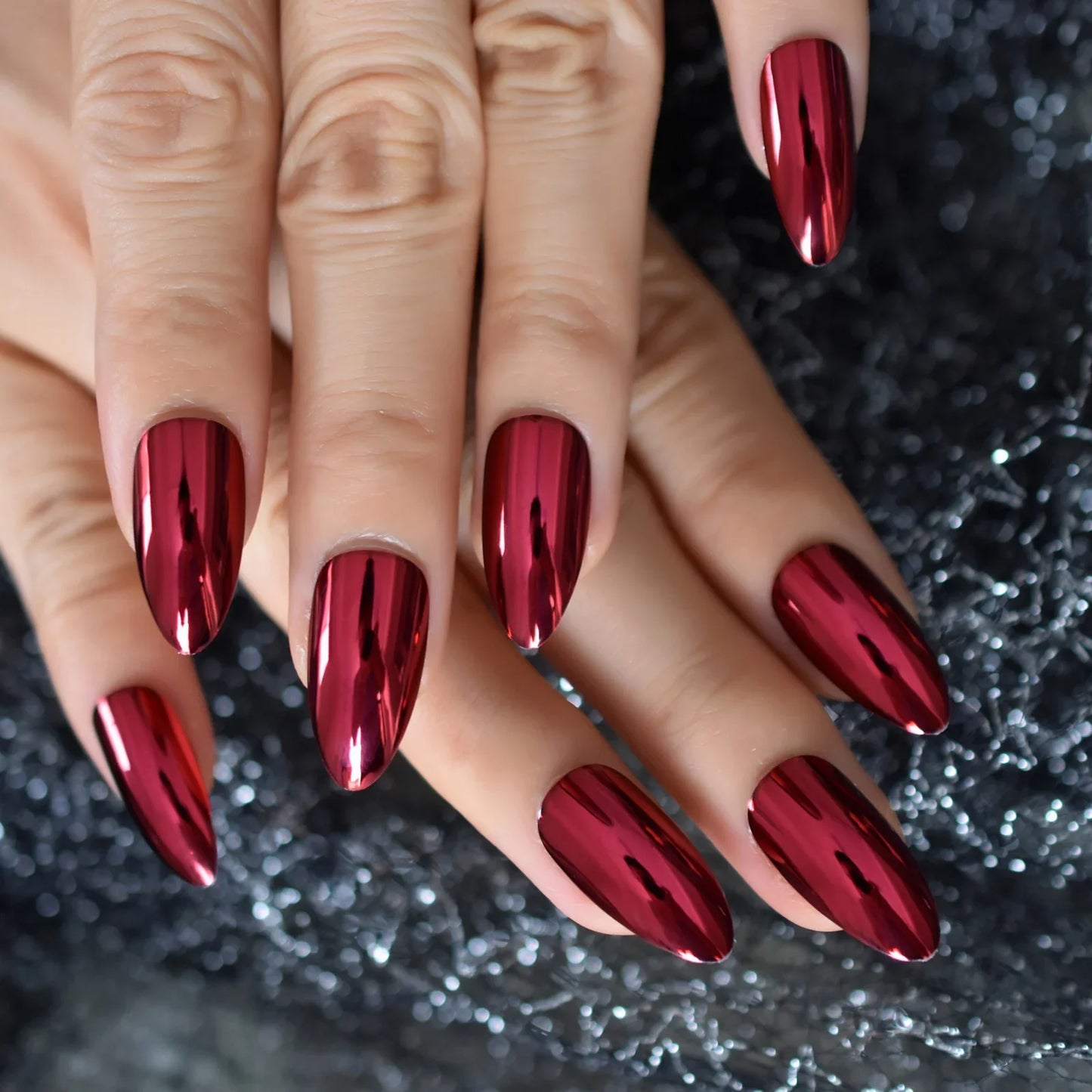 sengpan Mirror Red Color Metallic Press on Nail Stiletto  Metal Punk Oval Sharp end Full False Fake Nail Tips Salon Bride Wear Nails Art