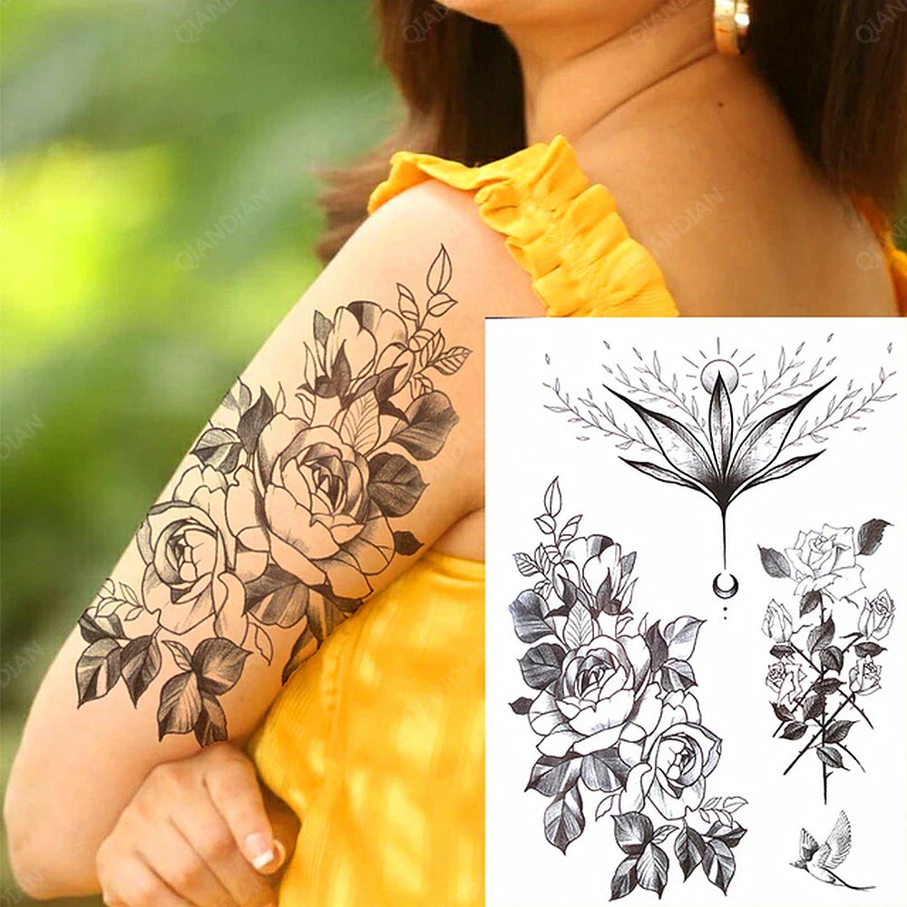 sengpan Black Flower Rose Waterproof Temporary Bird Snake Sexy Body Arm Leg Gem Henna Tattoo Fashion Big Fake Sleeve Sticker