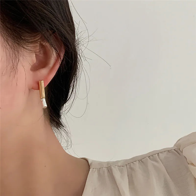 sengpan - French Simple Contrast Color Metal Cylindrical Earring Smooth Irregular Geometric Stitching Drop Earrings for Women Jewelry