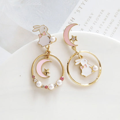 sengpan CHEISTMAS gifts for her New Fashion Moon Stars Rabbit Dangle Earrings For Women Flower Kitten Fishbone Crystal Pearl Asymmetrical Earring Party Jewelry