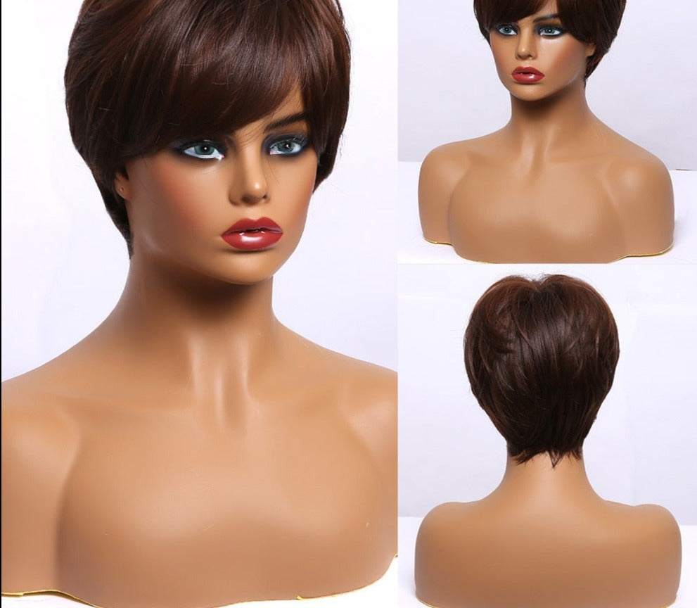 sengpan Short Straight Wigs Ombre Brown Synthetic Hair Wigs with Bangs for Black Women Daily Cosplay Heat Resistant Natural Hair Wigs