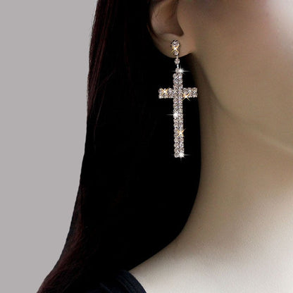 sengpan Bridal Crystal Cross Shape Long Earrings Sparkly Silver Color Rhinestone Dangle Earrings For Women Wedding Jewelry Gifts