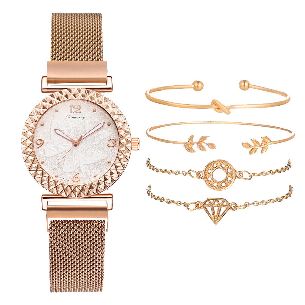 sengpan christmas wishlist valentines day gifts hot sale new Fashion 5pcs Set Bracelet Watch For Women Magnetic Buckle Butterfly Pattern Elegant Pink Ladies Wrist Watch Set Relogio Feminino