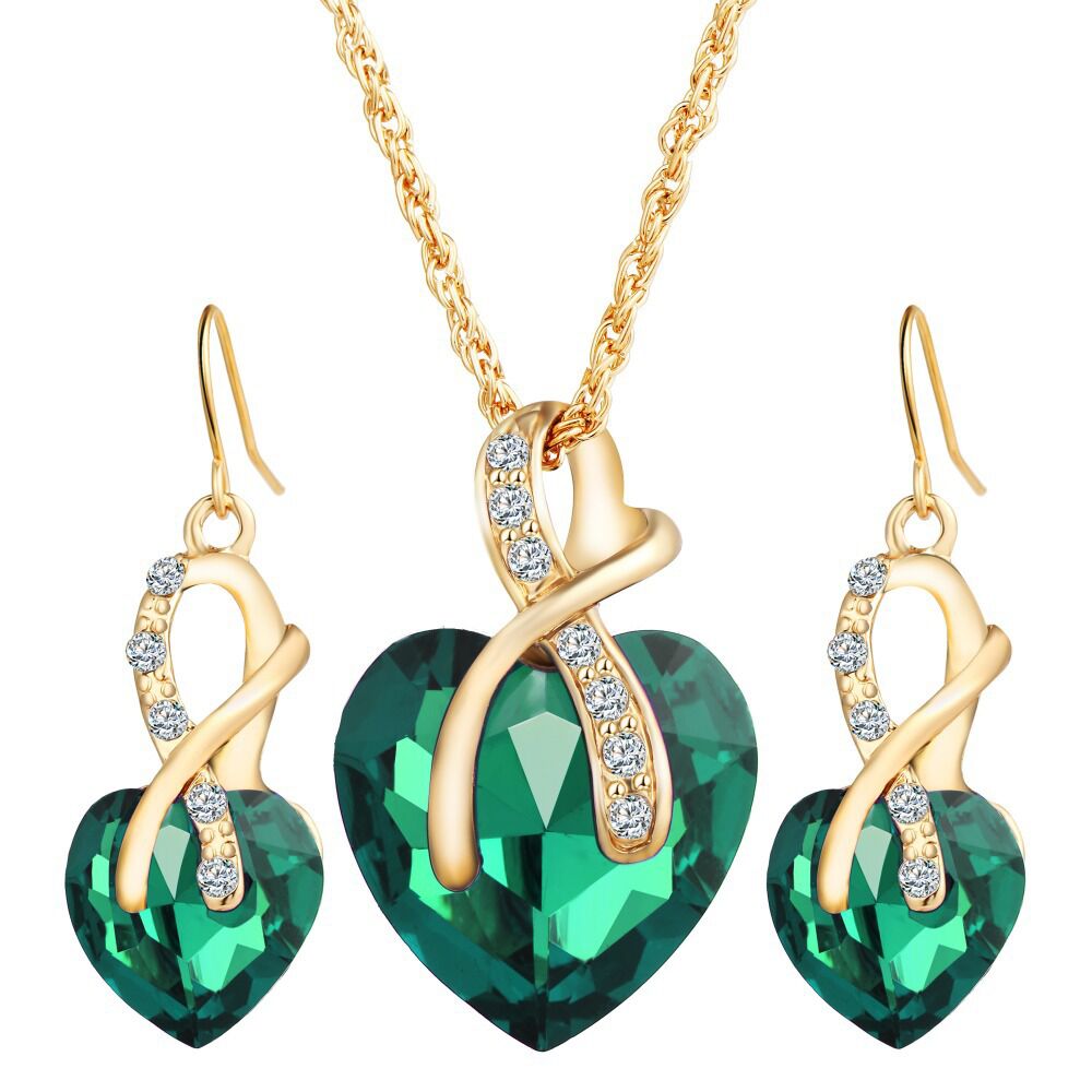 sengpan 18K Gold Romantic Heart of The Ocean Jewelry for Women CZ Crystal Necklace Earrings Set Bridal Wedding Accessories