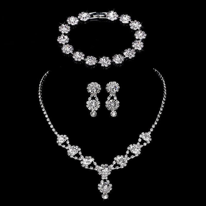 sengpan Silver Color Rhinestone Crystal Bridal Jewelry Sets for Women Necklace Earrings Bracelet Set Wedding Jewelry Accessories