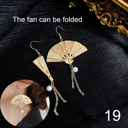 sengpan Chinese style Folding fan modeling Hanging Dangle Women's Earrings Fashion Simple Prevent Allergy Ear hook exquisite 2024 New