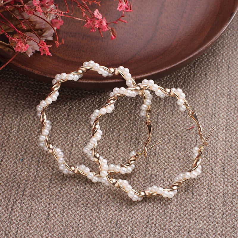 sengpan New white boho imitation pearl round circle hoop earrings female gold color big earrings korean jewelry statement earrings