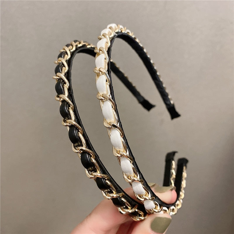 sengpan Slim Narrow Headband For Women Girl PU Leather Chains 5 Simple Camellia Hair Band Accessories Korean New Wholesale Office Gift