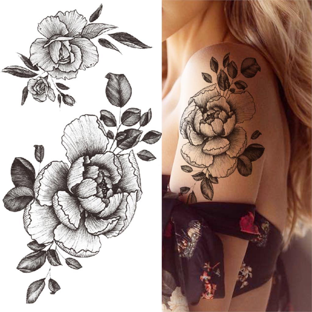 sengpan Lotus Flower Temporary Tattoo For Women Girls Snake Peony Lily Rose Chains Tattoos Sticker Black Blossom Fake Transferable Tatoo