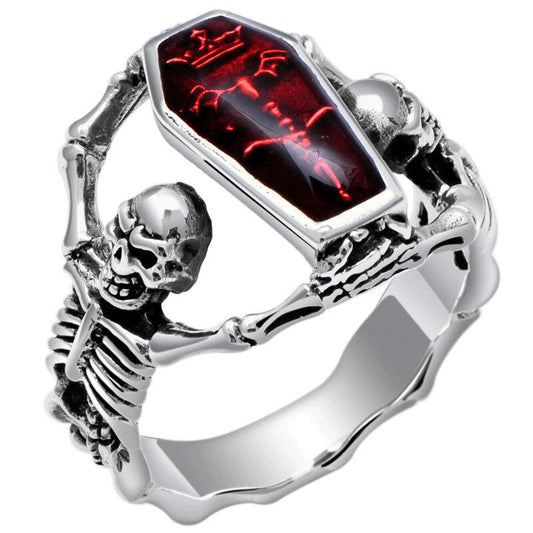 sengpan gothic jewelry Vintage Silver Color Vampire Bat Skull Mens Ring Gothic Punk Skeleton Holding Red Enamel Coffin Rings for Women Hip Hop Jewelry