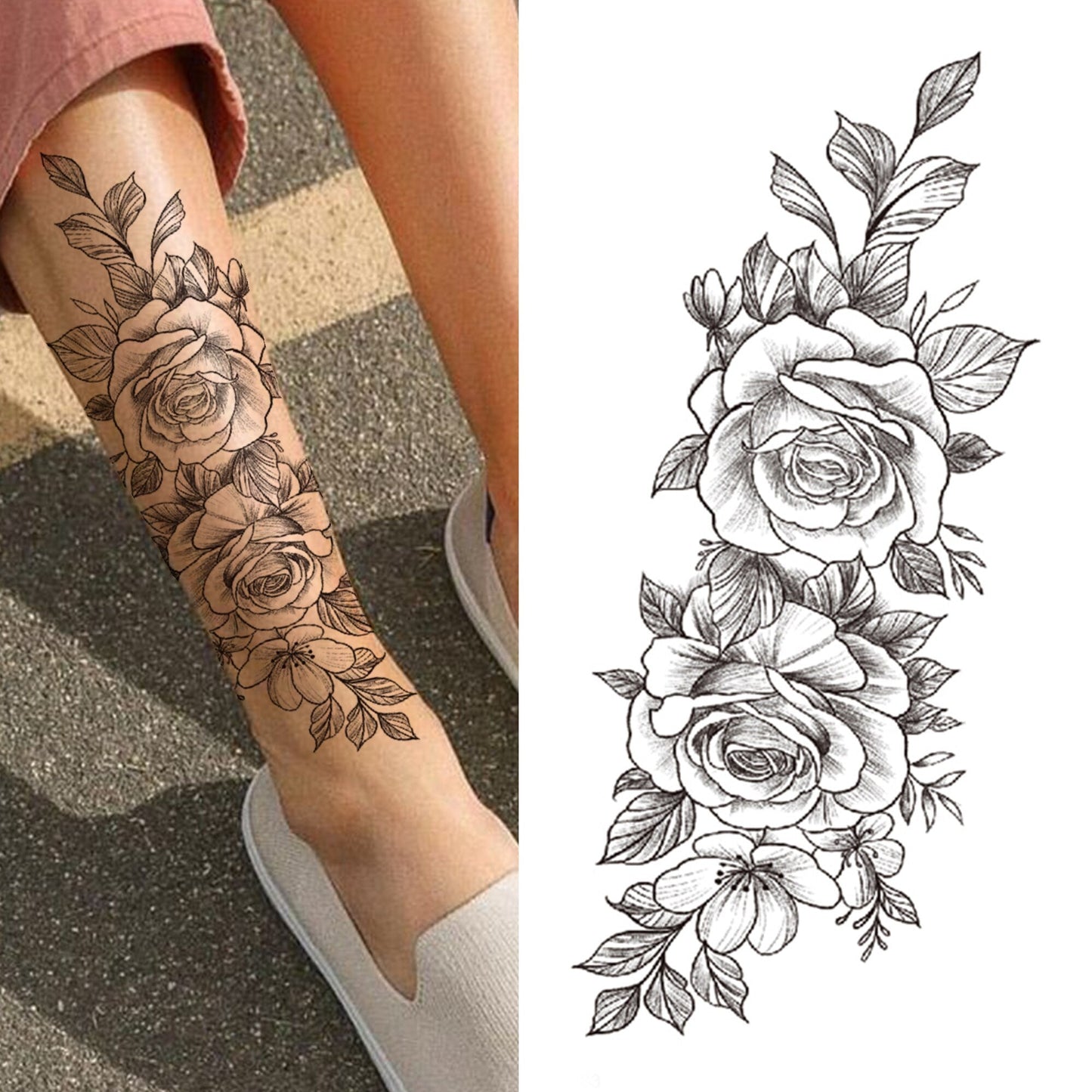 sengpan Black 3D Rose Temporary Tattoo For Women Girls Adult Peony Dahlia Flower Tattoos Sticker Black Flora Glory Geometric Arm Tatoos