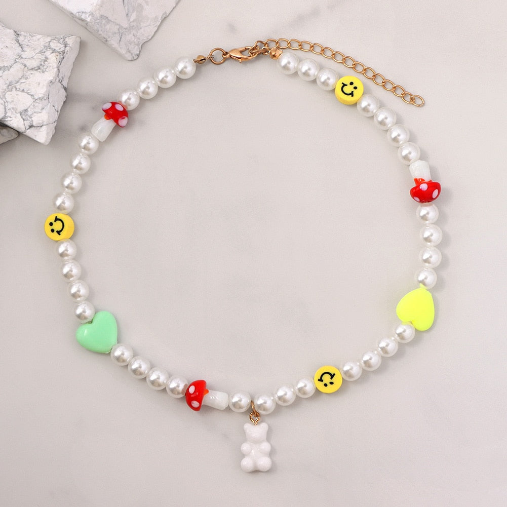 sengpan christmas gift ideas valentines day gifts for her Boho Smile Face Pearl Beaded Necklace For Women Colorful Heart Bead Handmade Necklaces Imitation Pearls Choker Sweet Jewelry New