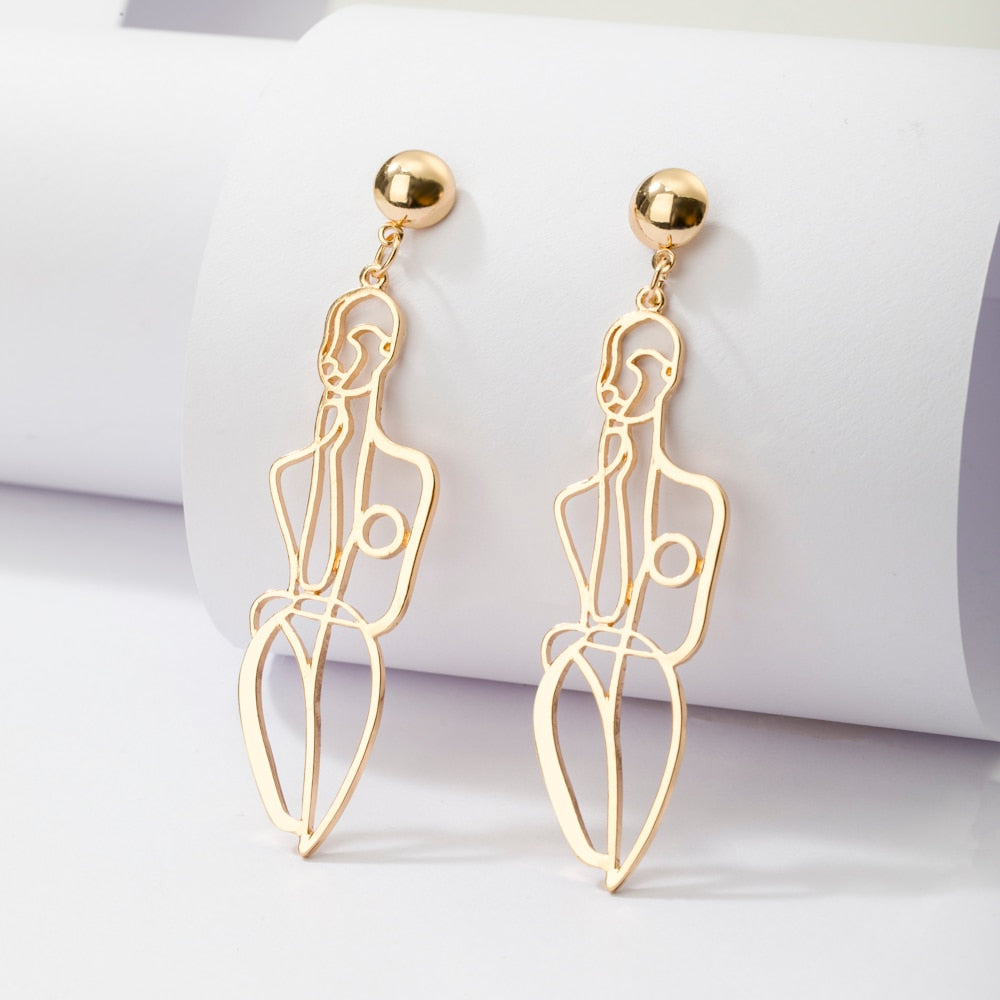 sengpan 6YM New Fashion  Punk Style Gold Color Metal  Body Hollow Out Drop Earrings for Women Girl Wedding Jewelry Gifts Wholesale