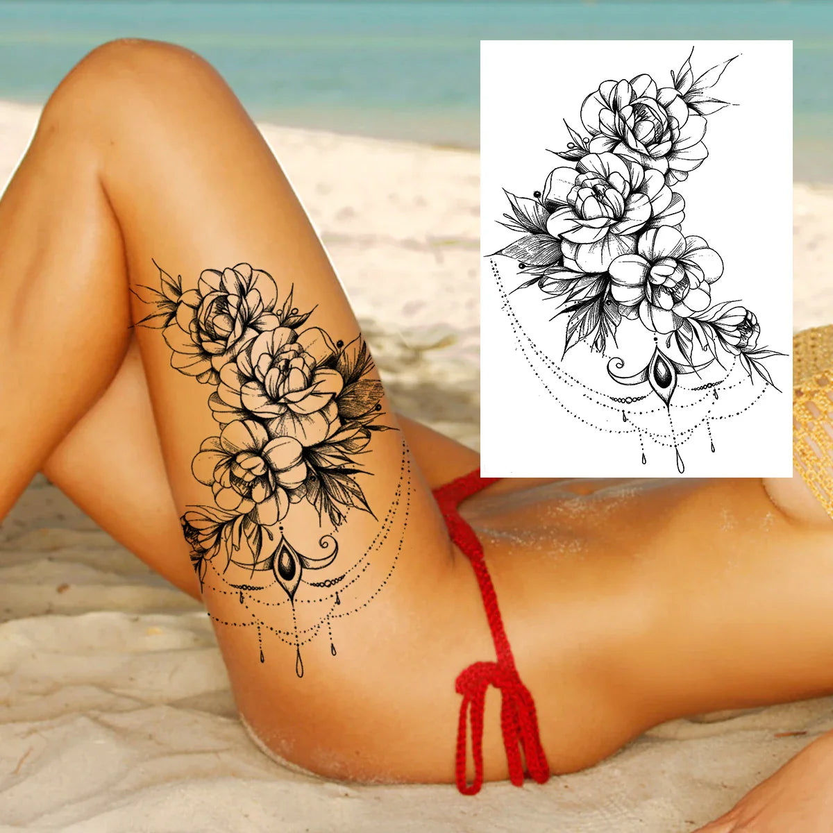 sengpan Sexy Flower Temporary Tattoos For Women Body Art Painting Arm Legs Tattoos Sticker Realistic Fake Black Rose Waterproof Tattoos