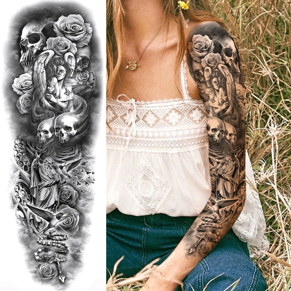 sengpan Sexy Full Arm Temporary Tattoos Sticker For Women Men Adult Gun Nun Vines Realistic Fake Tattoo Sleeves Large Tatoos Paste