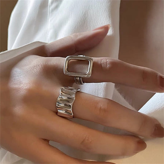 sengpan European Silver Color Metal Transparent Rectangular Wave Ring Irregular Geometric Open Finger Rings for Wome Fashion Jewelry