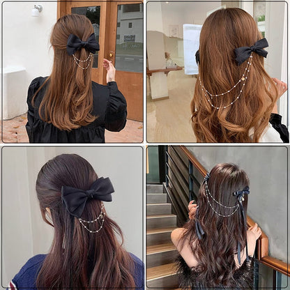 sengpan New Bow Pearls Chain Barrettes Hairpins For Women Rhinestone Spring Hair Clips Ribbon Headband Ponytail Hair Accessories