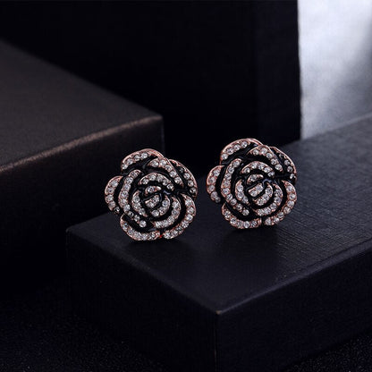 sengpan Delicate Camellia Petite Earrings Black Flower Rose Full Rhinestone Luxury Earring Accessories For Women