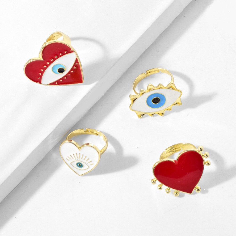 sengpan Unique Design Heart Eye Open Rings For Women Gold Plated Red Love Heart Blue Eyes Adjustable Opening Ring Fashion Party Jewelry